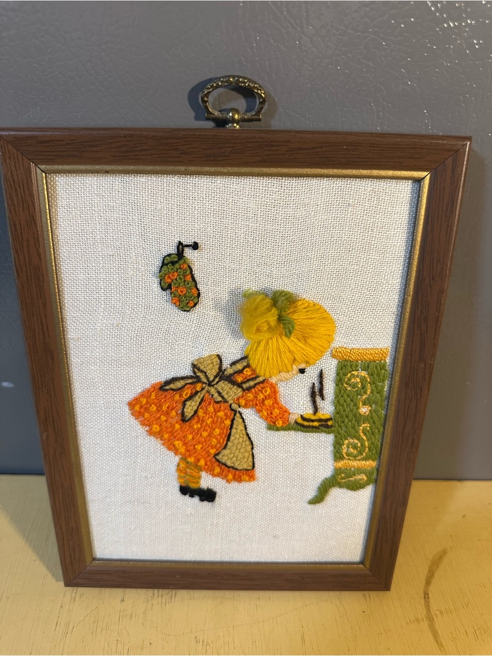 Vintage 70s Crewel Embroidery Wall Art Hand Stitched Retro Kitchen Decor
